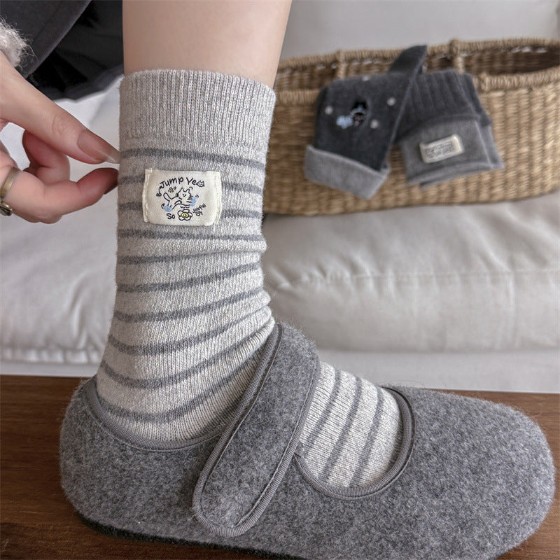 Retro Striped Embroidered Cat Thermal Socks 6W8FSO893