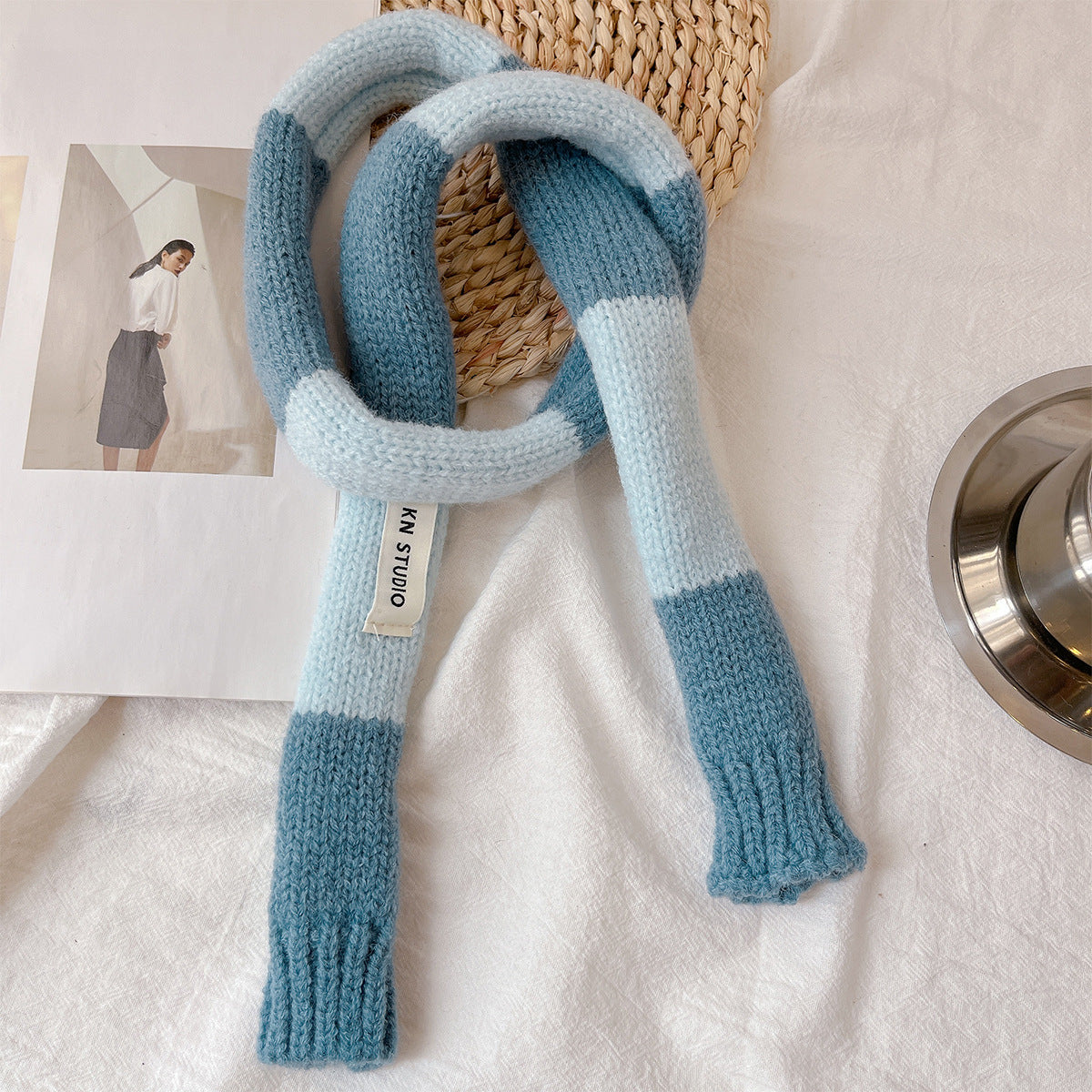 Cute Color Block Striped Knit Slim Scarf 6W6NSW260