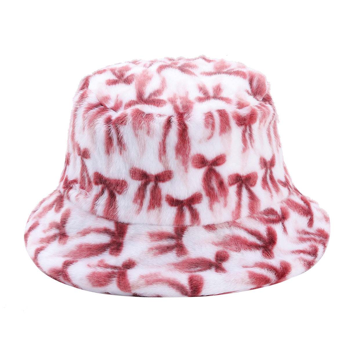 Fuzzy Plush Bow Knot Print Warm Bucket Hat 6W6HAT812