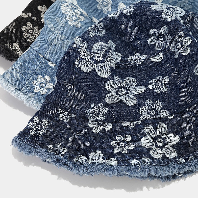 Trendy Floral Print Frayed Denim Bucket Hat MK2BW6W6HAT69