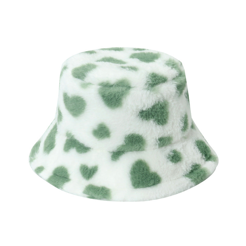 Trendy Heart Print Fluffy Plush Bucket Hat 6W6HAT808