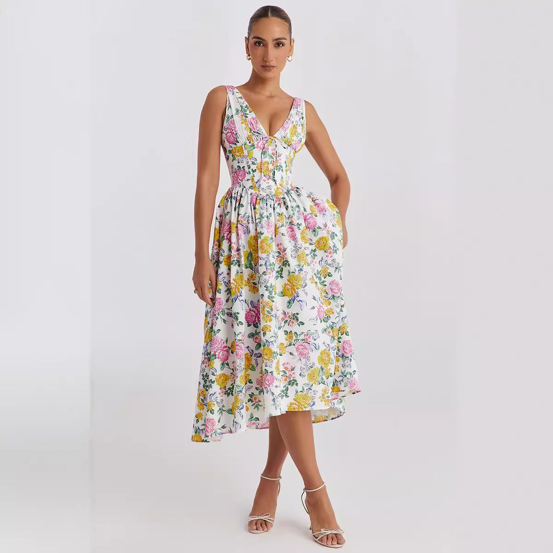 V-Neck Slim Sleeveless Floral Print Midi Dress DP25B504