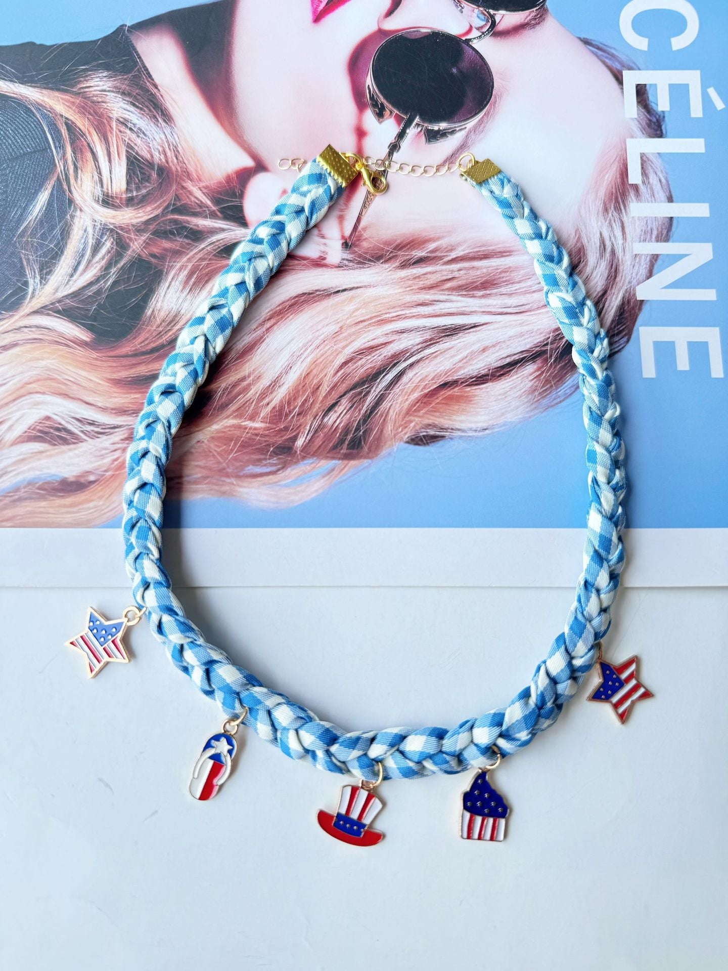 Hand Woven USA Flag Umbrella Pendant Choker Necklace 8ZA6JNC287T