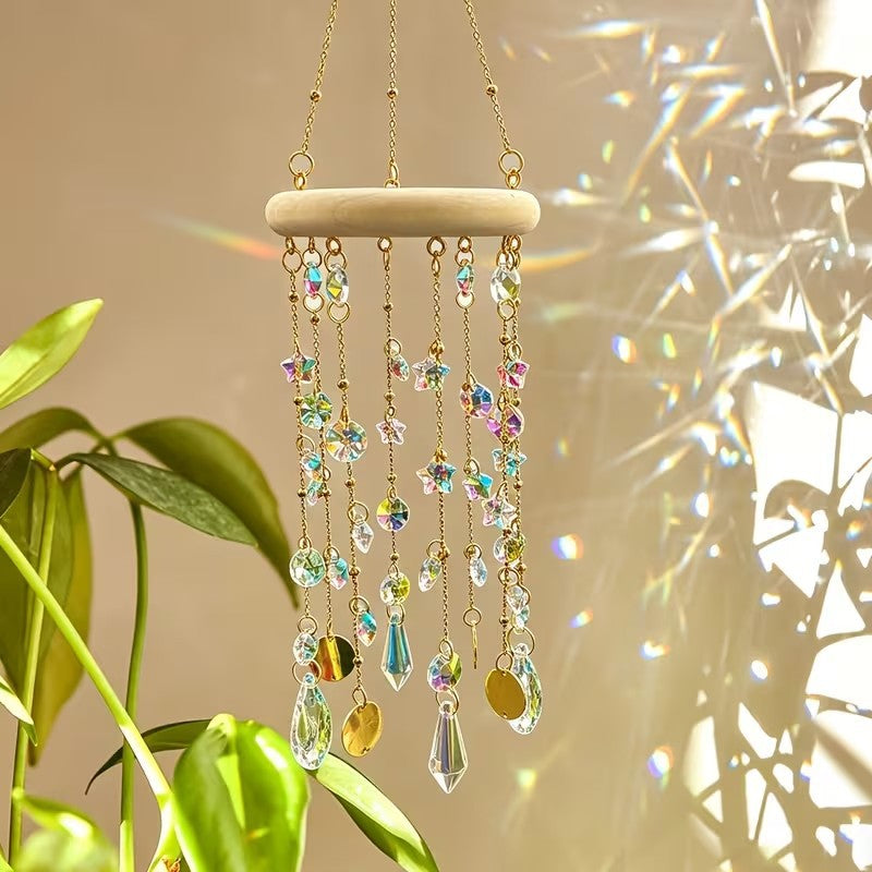 Iridescent Crystal Star Moon Tassel Suncatcher Wind Chime 6H7HLS217
