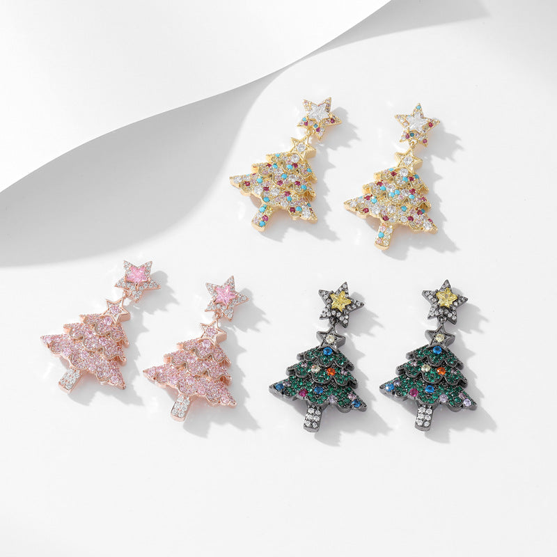 Colorful Zircon Christmas Tree Pendant Stud Earrings DPJE1906