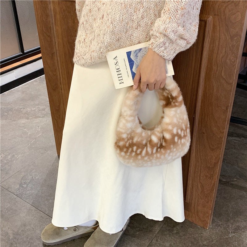 Cute Plush Deer Print Crescent Tote Bag 6W10BBG2368