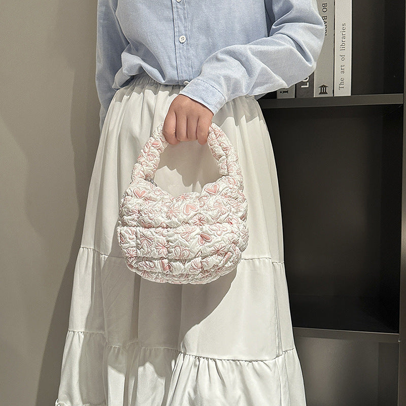 Cute Heart Flower Print Ruched Puffer Handbag 6W10BBG1804