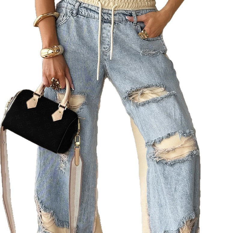 Ripped Drawstring Color Block Straight Leg Jeans DP25G915