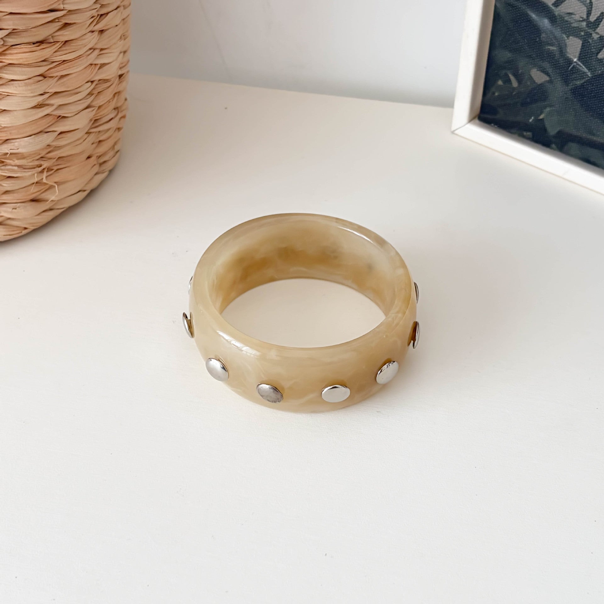 Retro Studded Wide Resin Bangle Bracelet 6W6JBR572