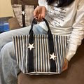 Color Block Striped Canvas Large Capacity Tote Bag 6W10BBG1936