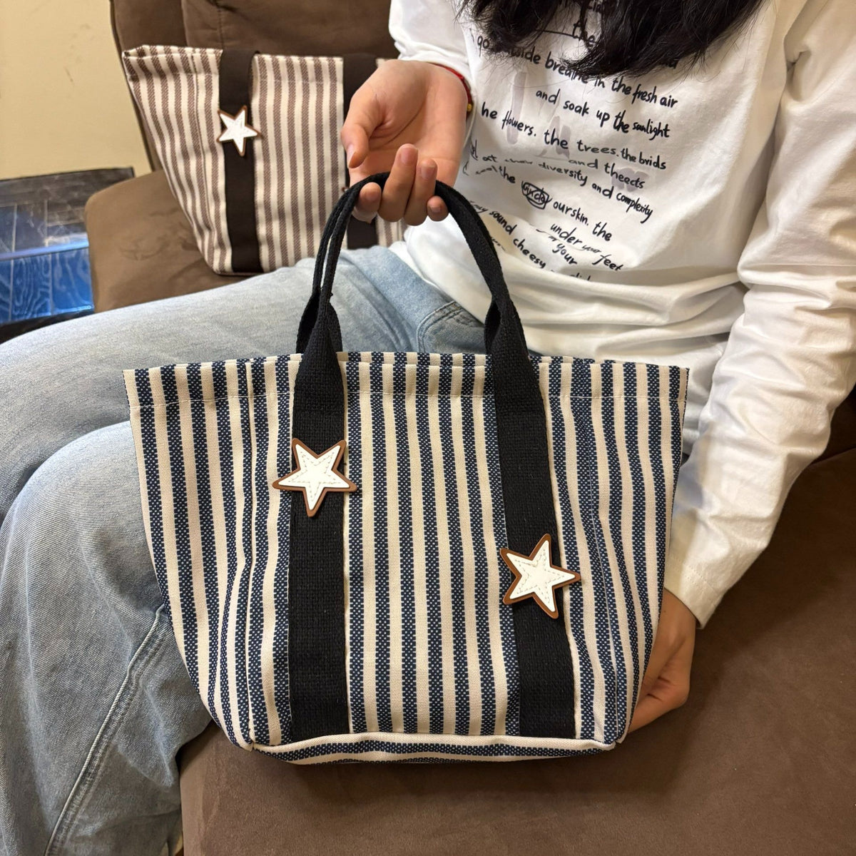 Color Block Striped Canvas Large Capacity Tote Bag 6W10BBG1936