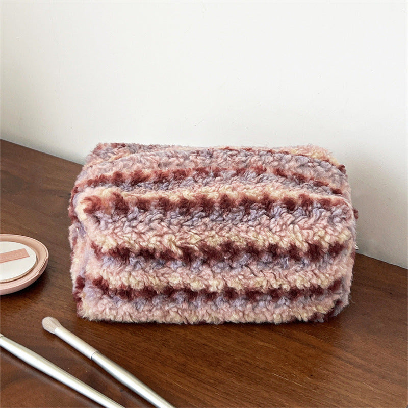 Color Block Plush Thick Large Capacity Cosmetic Bag 6C5CO266