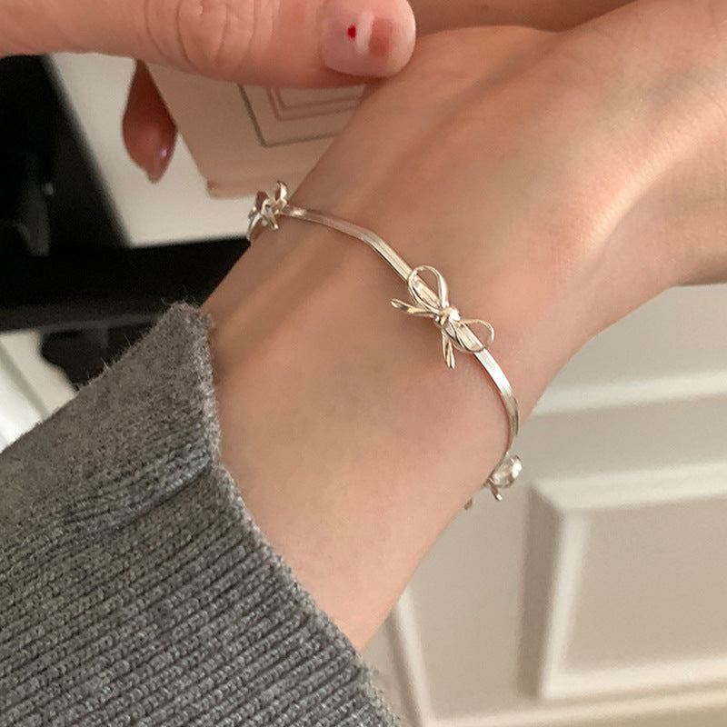 Sweet Silver Bow Knot Charm Chain Bracelet 6W6JBR335