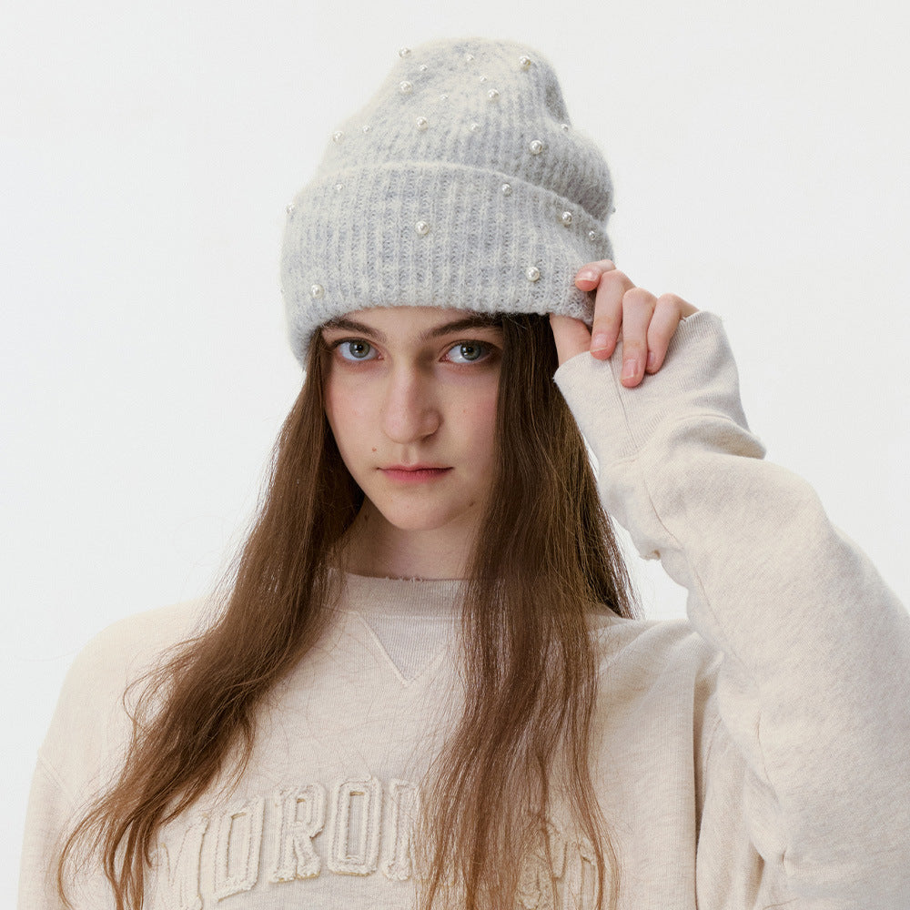 Elegant Pearl Wool Blend Knit Beanie Hat 6W6HAT643