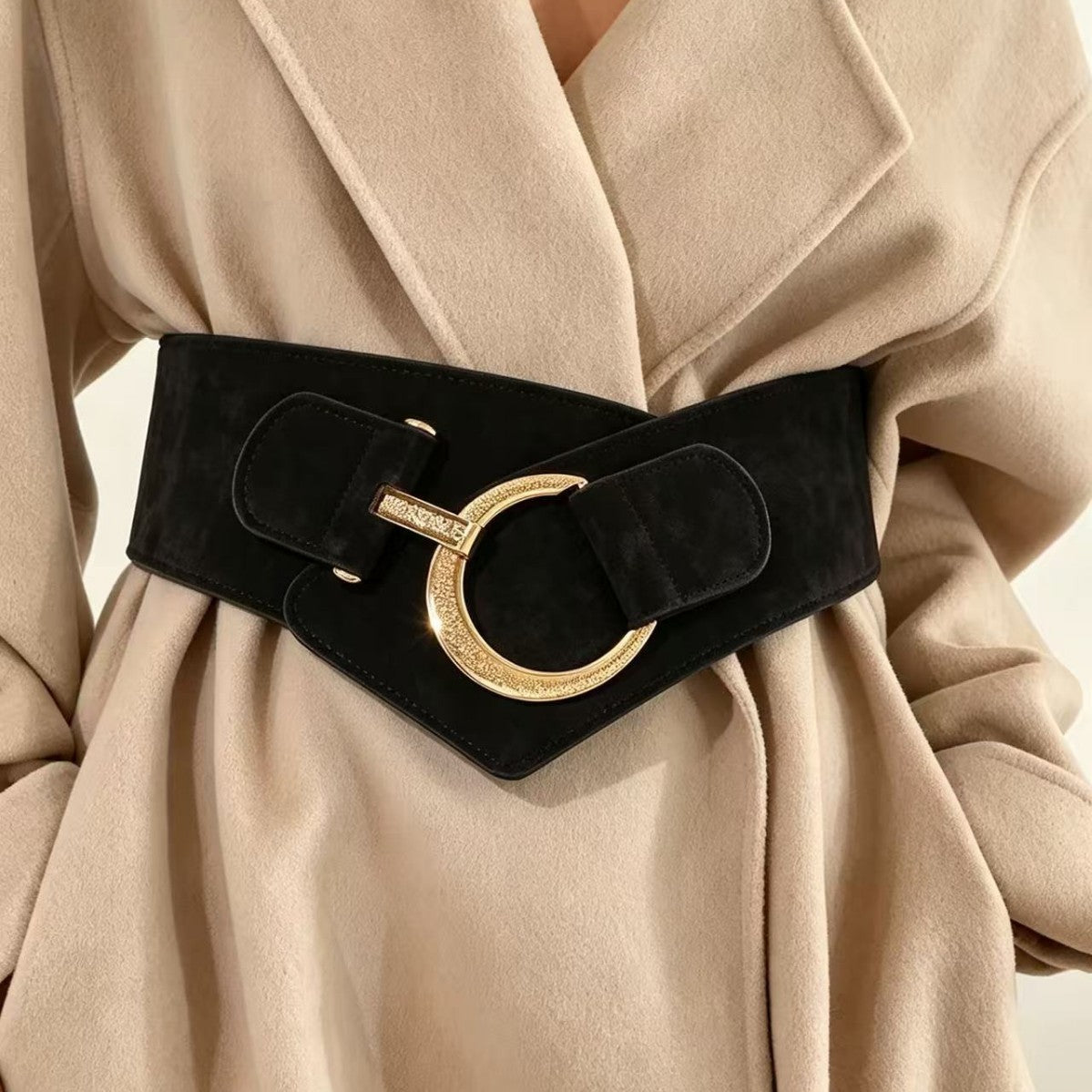 Trendy Gold Buckle Faux Suede Wide Stretchy Belt 6W6JBT230