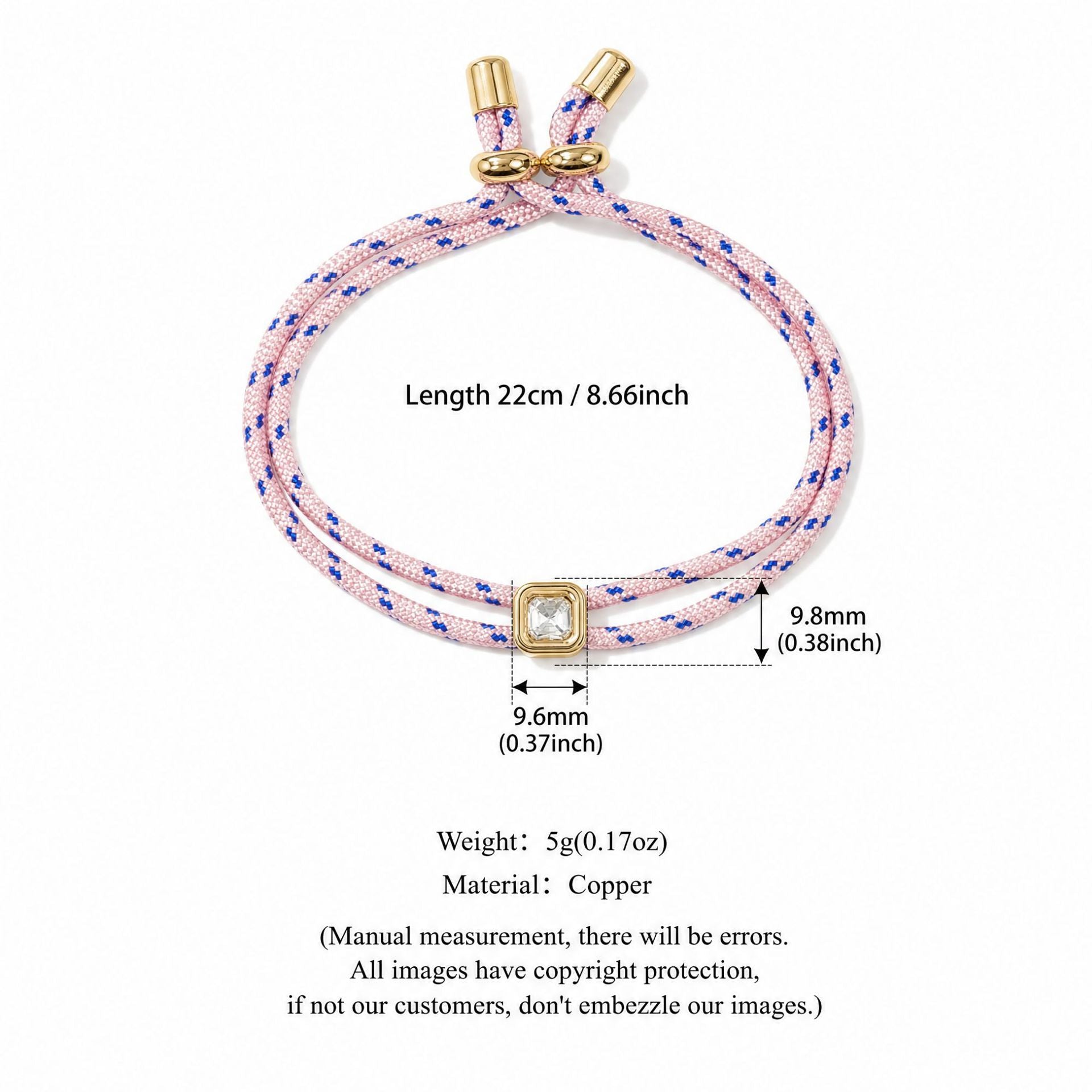 Trendy Square Rhinestone Adjustable Rope Bracelet 6W6JBR531