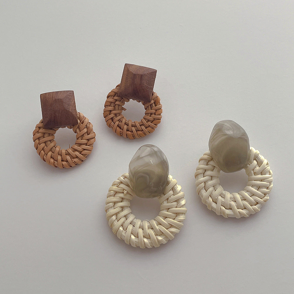 Vintage Handmade Rattan Round Drop Earrings DP25D778