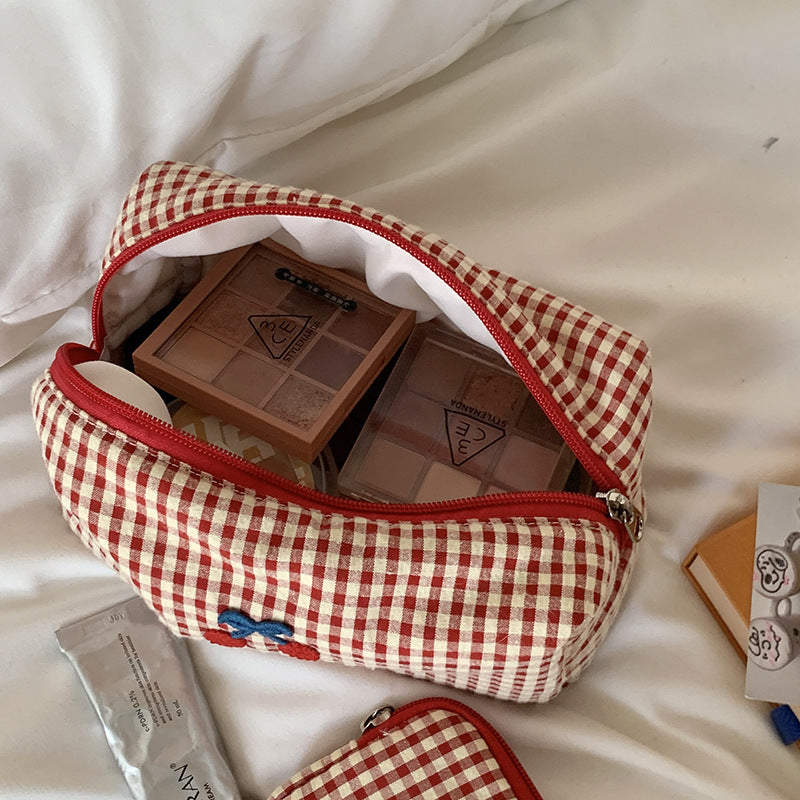 Cute Cherry Embroidery Plaid Print Makeup Bag MK2BW6S10BOB55