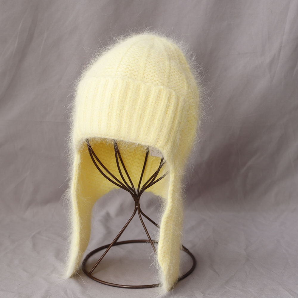 Fuzzy Angora Rabbit Fur Earflap Knit Beanie 6W6HAT691