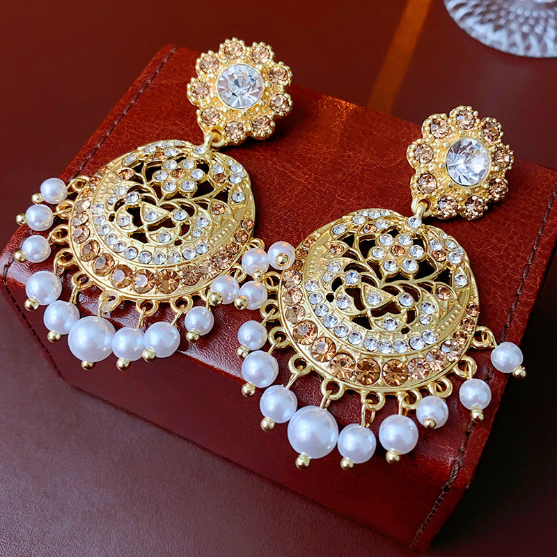 Boho Rhinestone Hollow Pearl Tassel Drop Earrings 6W6JER766