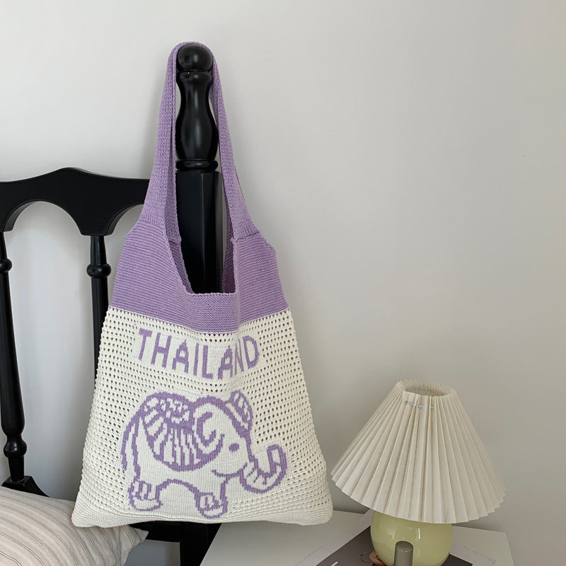 Casual Letter Elephant Knitted Shoulder Bag 6W10BBG1791