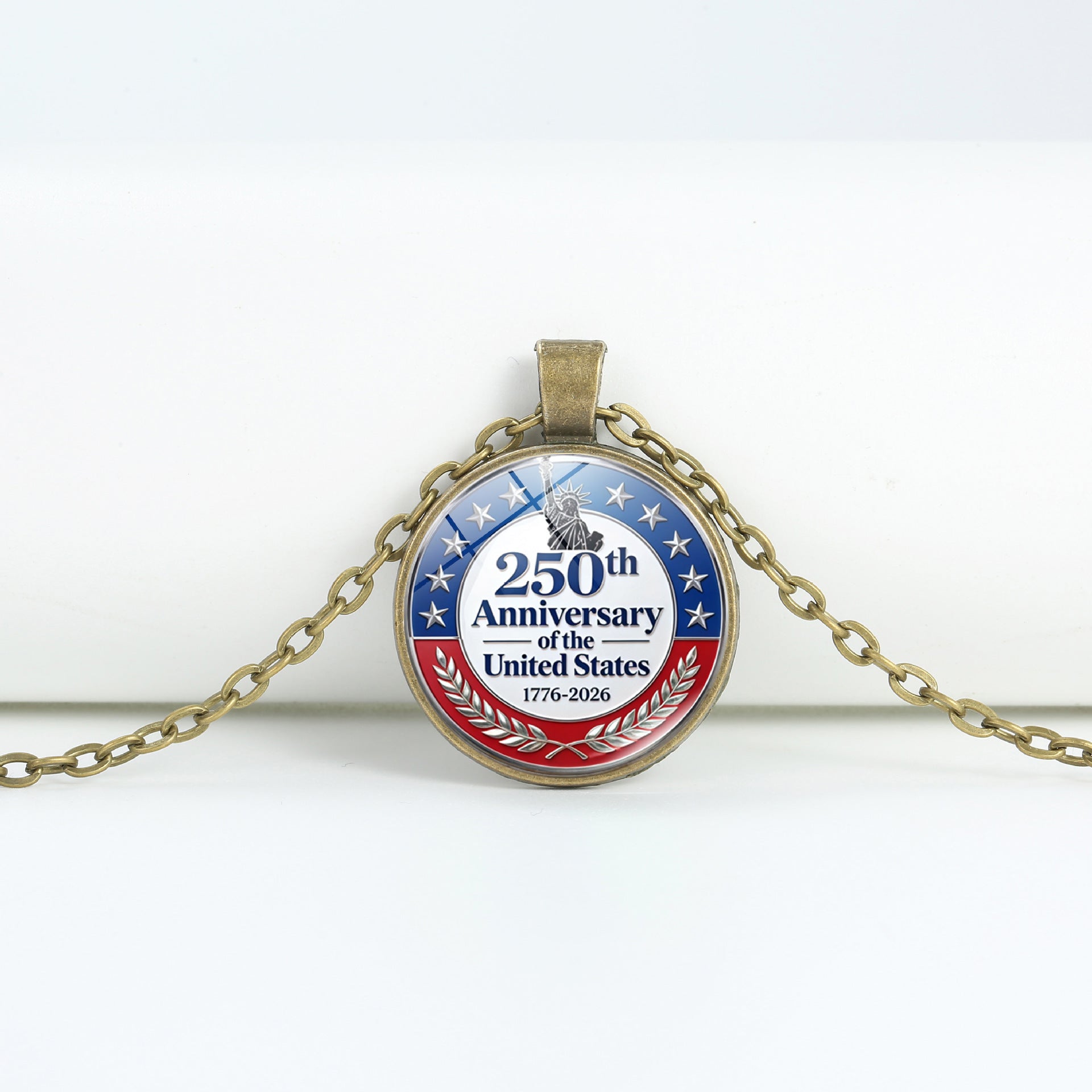 Retro USA Flag Pattern Round Pendant Chain Necklace 8ZA6JNC278T