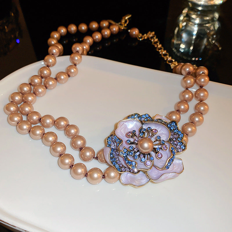 Vintage Pearl Pendant Rhinestone Floral Chain Necklace 6W6JNC979