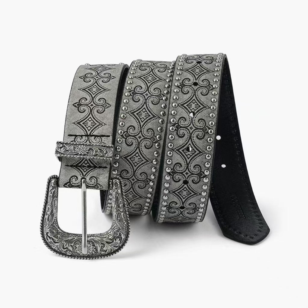 Fashion Floral Embossed Studded Leather Belt MK2LEEP6W6JBT37