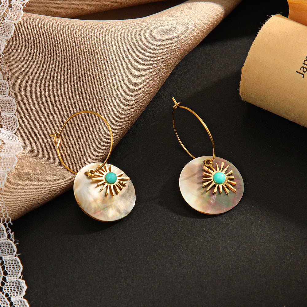 Sunburst Turquoise Shell Drop Hoop Earrings DP25F786