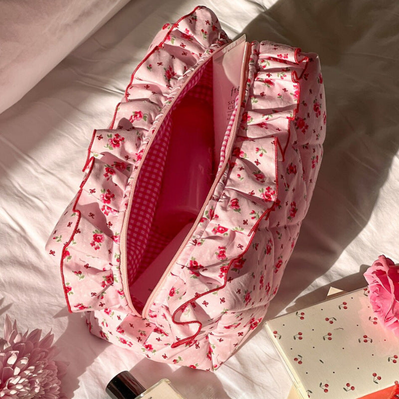 Flower Print Ruffle Cosmetic Bag - DippedShop Wholesale - #4147