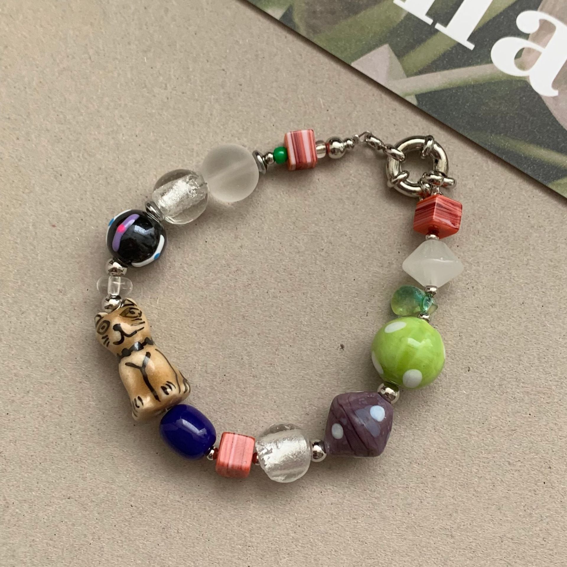 Fashion Color Contrast Bead Flower Charm Bracelet 6W6JBR378