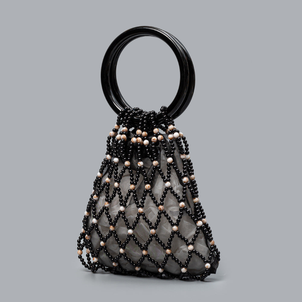 Color Contrast Hollow Hand-Woven Beaded Handbag 8BW6BBG424T
