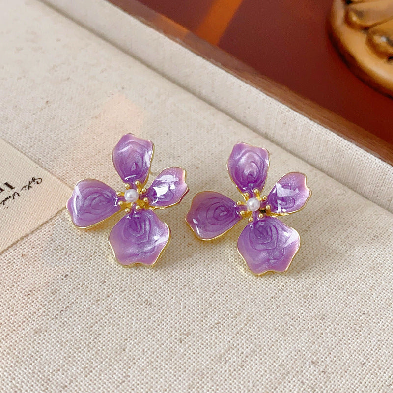 Vintage Enamel Rhinestone Flower Stud Earrings 6W6JER770