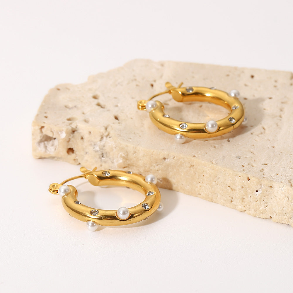 Rhinestone Pearl Hoop Earrings - DippedShop Wholesale - #3219