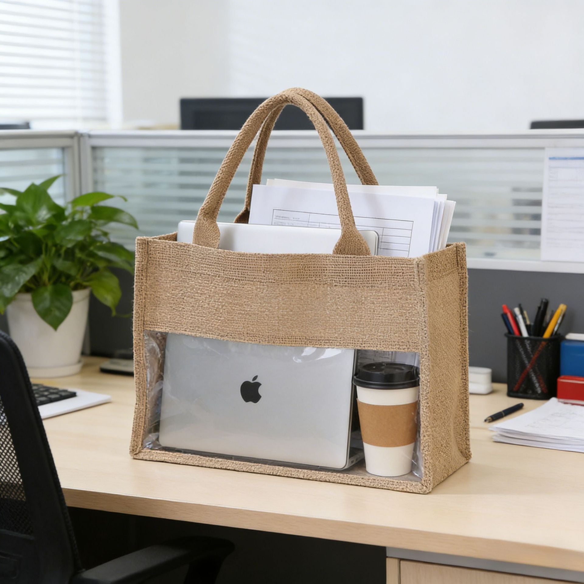 Burlap Tote Bag With Clear PVC - DippedShop Wholesale - #7731