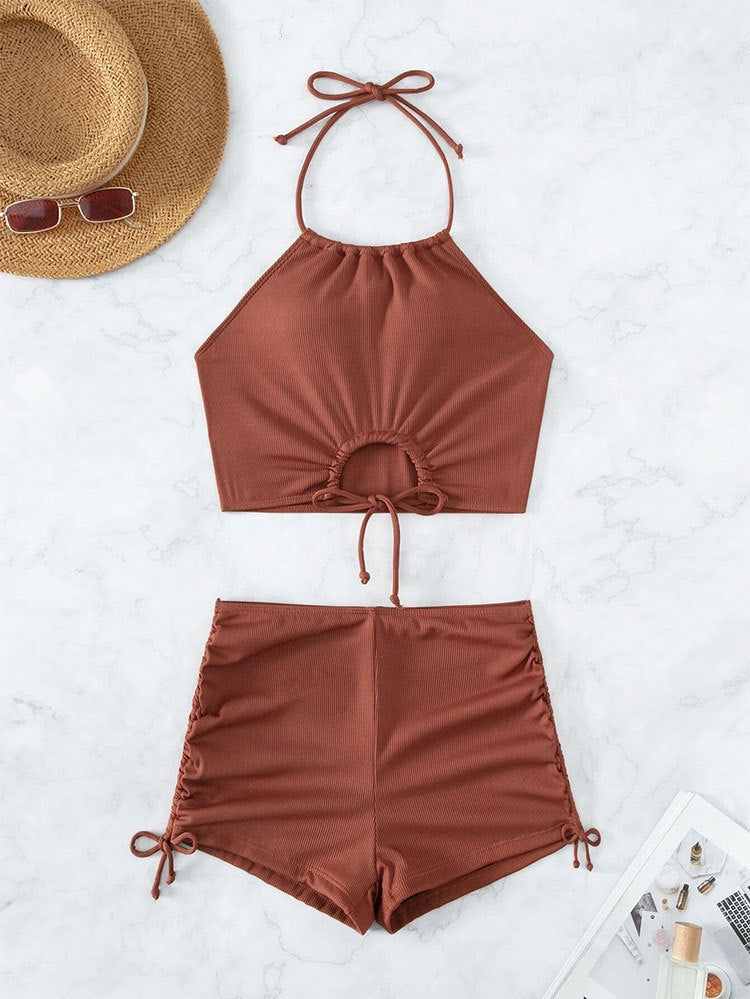 2PCS Solid Color Halter Drawstring Swimwear DPSW0714