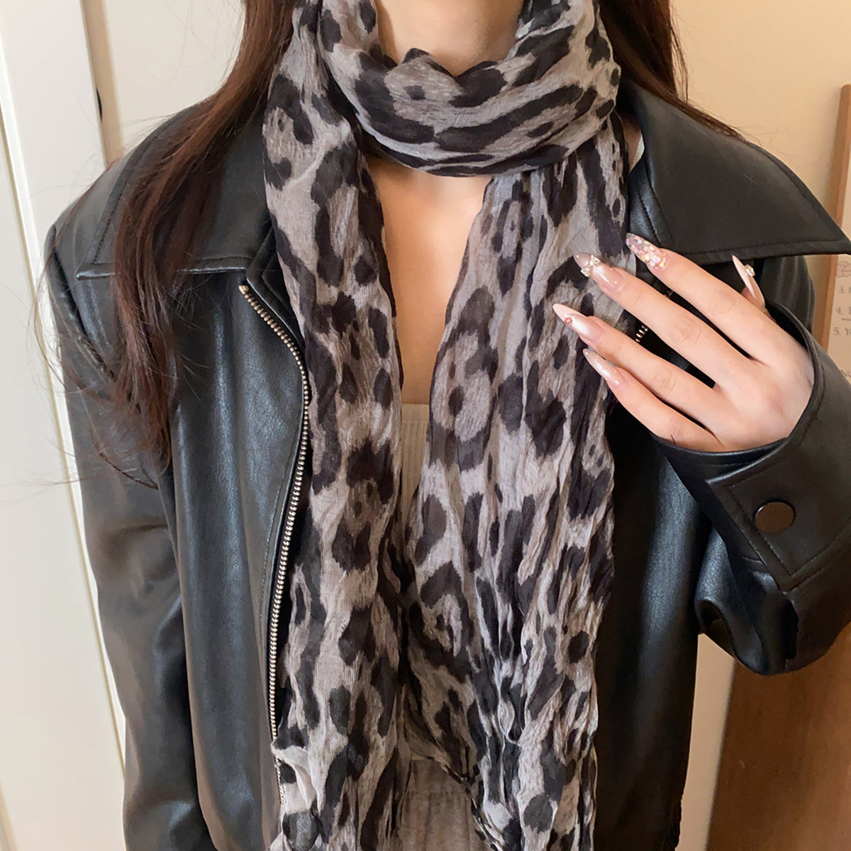 Vintage Leoaprd Print Cotton Linen Long Scarf 6W6NSC230