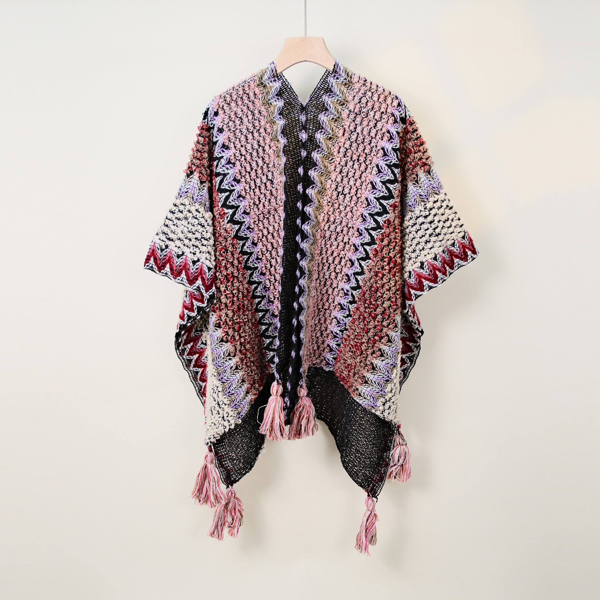 Boho Tassel Wavy Texture Knit Shawl Wrap 6W6NSC48