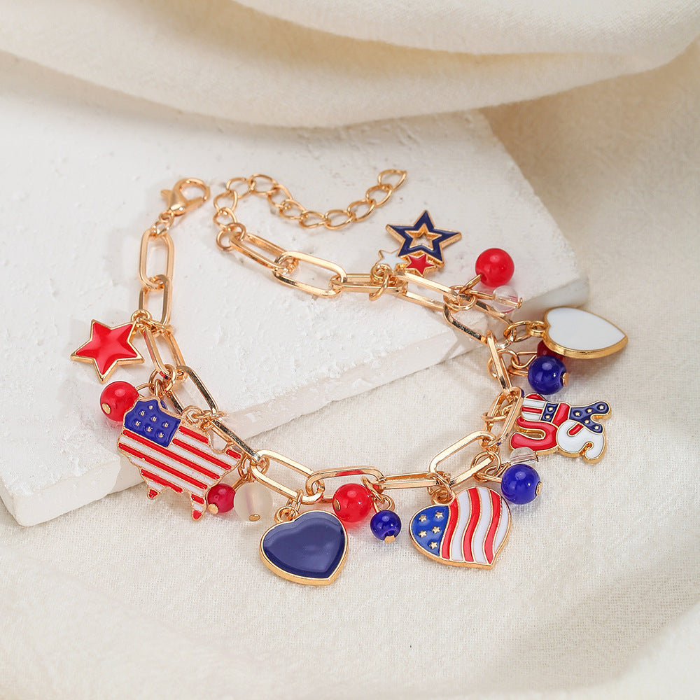 Gold Plated American Flag Pendant Tassel Chain Bracelet 8ZA6JBR132T