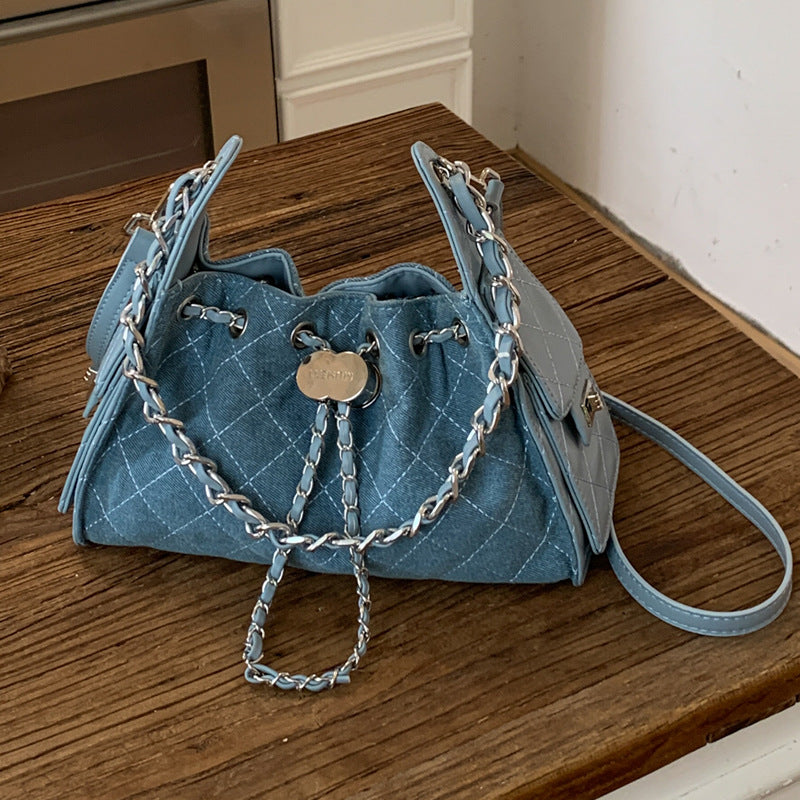 Quilted Drawstring Denim Bucket Handbag 6W10BBG1353
