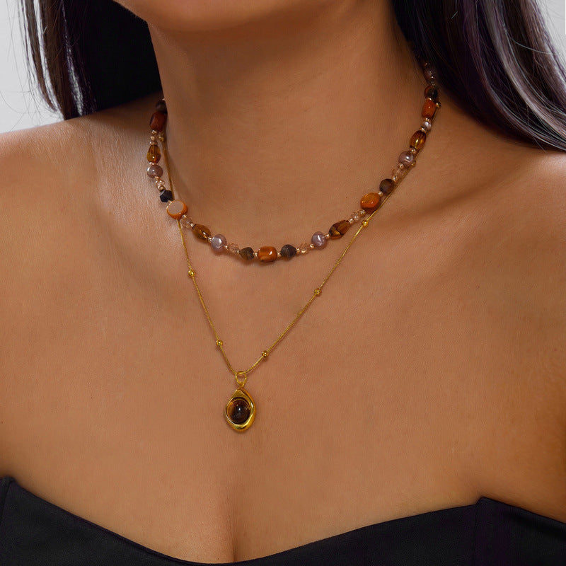 Vintage Tiger's Eye Pearl Chain Necklace 6W6JNC668