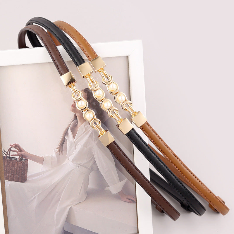 Elegant Pearl Gold Buckle Skinny Dress Leather Belt 6W6JBT160