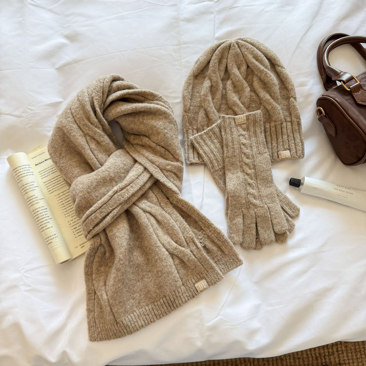 3-Piece Cable Knit Beanie Gloves Scarf  Set 6W6NSC101