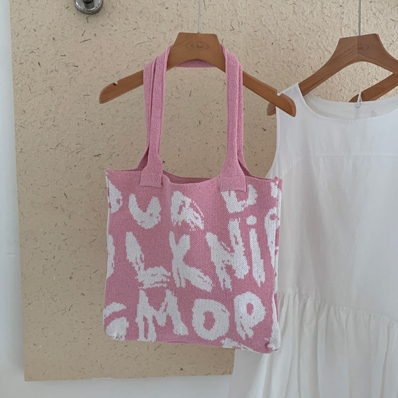 Trendy Letter Graphic Knit Shoulder Tote Bag 6W10BBG1790
