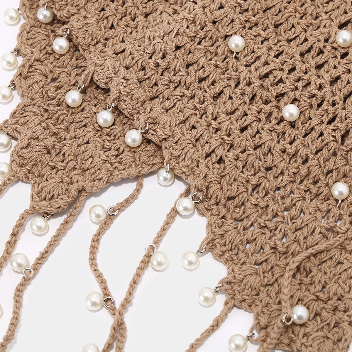 Boho Pearl Tassel Hollow Out Knit Beanie Cap 8BK6HAT203T