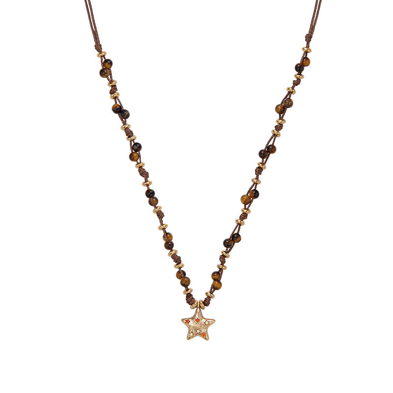 Vintage Rhinestones Star Pendant Beaded Chain Necklace 6W6JNC684