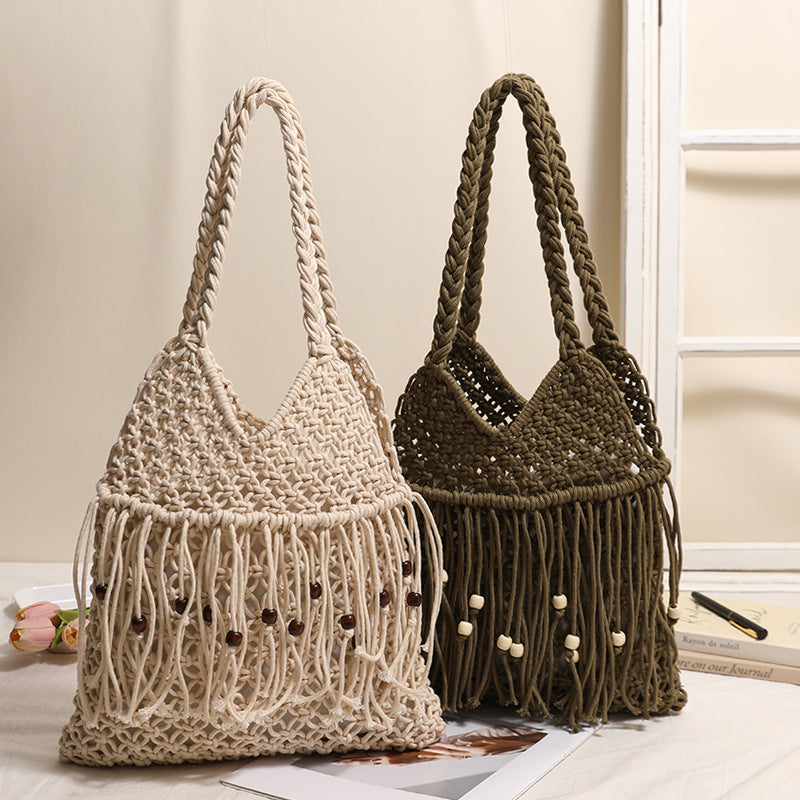 Trendy Wooden Beaded Tassel Hollow Shoulder Bag 8BW6BBG437L