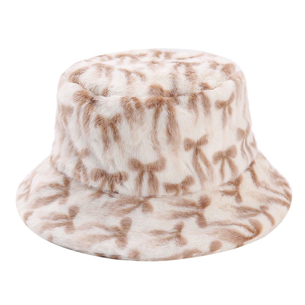 Fuzzy Plush Bow Knot Print Warm Bucket Hat 6W6HAT812