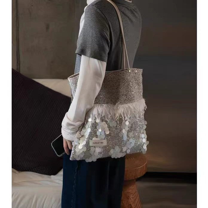 Elegant White Feather Sequin Tote Shoulder Bag 6S10BBG1468