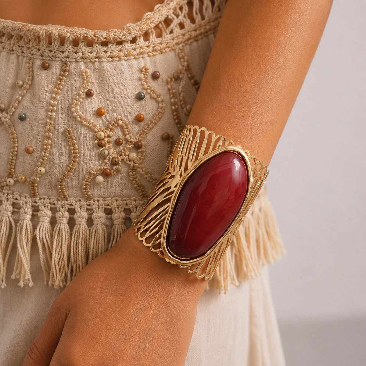 Stylish Oval Stone Hollow Out Wide Cuff Bracelet 6W6JBR585